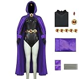 Axvinel Raven Costume Rachel Cosplay Jumpsuit Womens Purple Cloak with Gem Waist Belt Chain Tights Accessories M