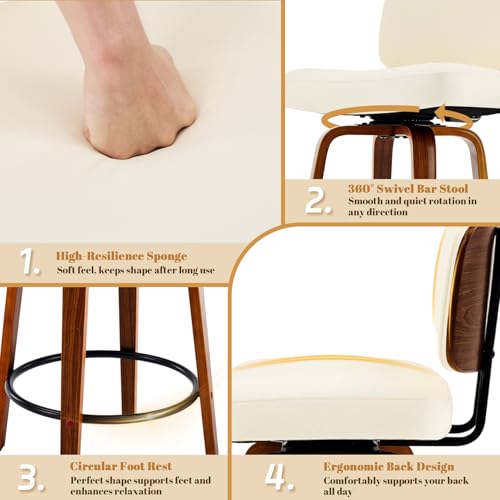 Image of Counter Height Bar Stools Set of 4, 26+inch Swivel Faux Leather Barstool with Back, Upholstered Mid-Century Modern Bar Chairs with Bent Wood Legs for Kitchen Counter, Dining Room, Cream White