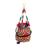 Laddu Gopal Dahi Handi Steel Matki with Hanging Stand Traditional Handmade Decorative Krishna Matki Pearl Beads Stone Work With bansi Bansuri Puja Home Decor Janmashtami Festival (Kalash size:-4')