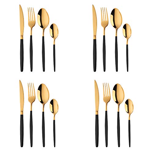 16 piezas Cuberteria PVD Oro con Mango Recubierto Negro Acero Inoxidable Set de Vajilla, Bisda Cubiertos Servicio para 4