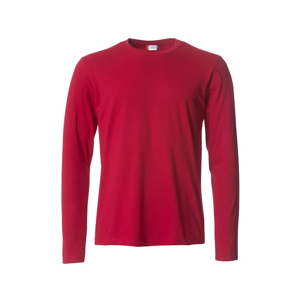 Clique Men's Red - Basic-T L/S Long Sleeve T-Shirt Jersey Cotton Elastic Collar Sweatband Slim Fit, L