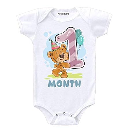 KNITROOT Monthly Birthday Teddy Special Unisex Baby Romper Half Sleeve Envelope Neck