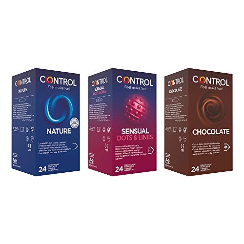 CONTROL Preservativos Nature, Dot&Lines, chocolate 72 unidades - pacote de 3 caixas de preservativos: 1 x prazer natural, 1 x listrado e 1 x chocolate 24 unidades, lubrificados, ajuste perfeito, sexo
