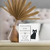 DUXMNAMG Funny Cat Bathroom Wood Box Sign - Funny Bathrooms Desk Shelf Decor, Cats Gifts, Welcome to The Bathroom a Cat Will Be with You Shortly Wooden Block Plaque Box Sign for Home Table Decor