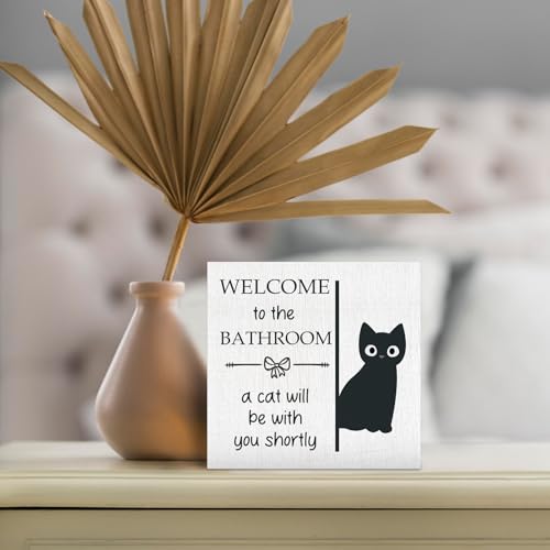 DUXMNAMG Funny Cat Bathroom Wood Box Sign - Funny Bathrooms Desk Shelf Decor, Cats Gifts, Welcome to The Bathroom a Cat Will Be with You Shortly Wooden Block Plaque Box Sign for Home Table Decor