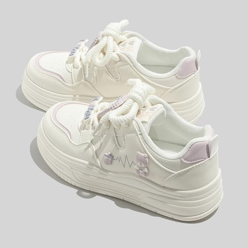 Kawaii Minty Mambo Cute Bear Decor Chunky Platform Sneakers - Y2K Style Low-Top Casual Shoes for Girls, Thick Invisible Height Increase Sole in Green, Purple & Red, Unique Personalized Fashion2