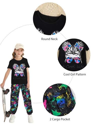 Image of Girl Clothes Cute Cool Girl Tops Splicing Pants 2 Piece Girls Summer Outfits 6-14 Years