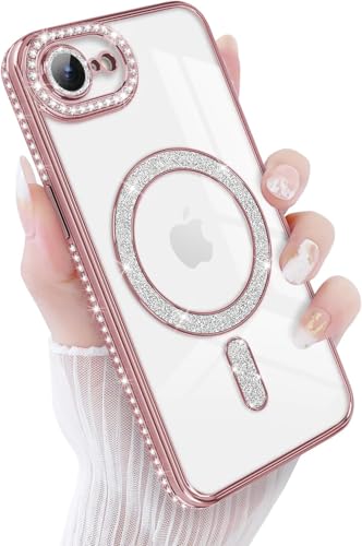 Image of DIZORO Compatible with (iPhone 17e /iPhone 16e Case) Clear Luxury Diamond Glitter Case |Camera Lens Protector with Glitter Ring |Glossy Shiny Back Cover Case for Girls Women -Pink
