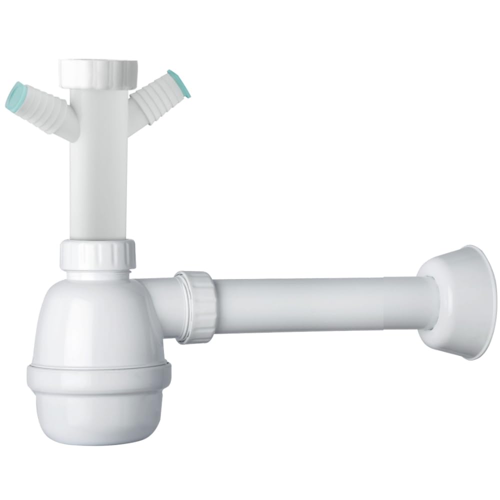 Schläfer Bianco 4395320 | Kitchen Sink Siphon, Space-Saving Universal Siphon For Sink And Washbasin 1" 1/2 - With 2 Nozzle For Dishwasher Or Washing Machine, Drain Fitting Trap Diam. 40Mm, Telescopic Height
