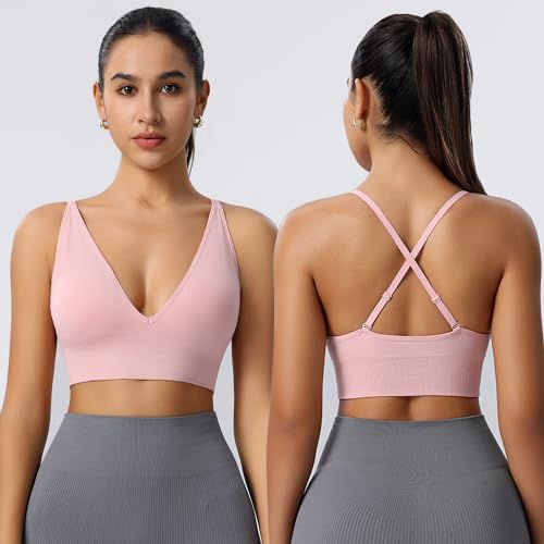 Image of Evercute Women's Sports Bras 3 /4 Pack Adjustable Deep V Neck Bras Wireless Spaghetti Strap Criss Cross Padded Low Support Bra
