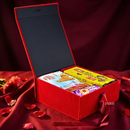 Image of RBS-Medium Red Gift Box Empty 26x26x10cm Premium Velvet Material Gift Packing Box with Ribbon (1 Pack) Holds Upto 8 kg Ideal for Gift Hamper Boxes for Empty and All Occasions Giff Boxes (Red Velvet)
