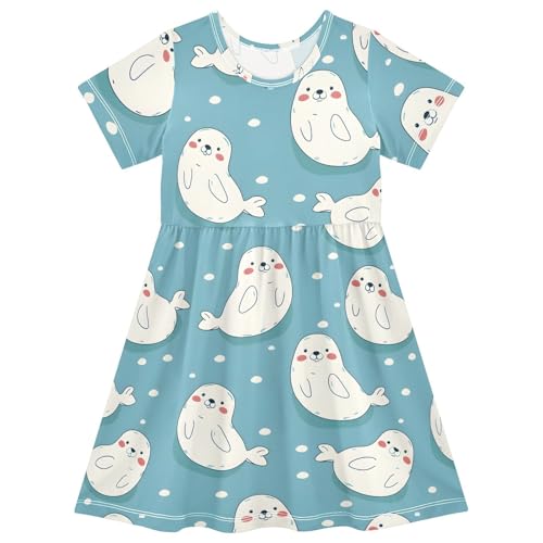 Cute Baby Seals Little Girls Short Sleeve Dress Casual Summer Party Skater Dresses for Kids 2-8T