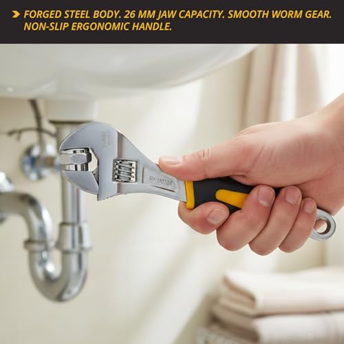 Image of 8 Inch (200mm) Adjustable Spanner Wrench (26MM MAX JAW) |SH-11073E| High Carbon Steel Forged, Polished Nickel Finish, Dual-Grip Handle, Laser Scale. For DIY and Professionals