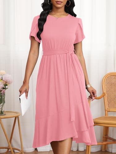 Image of PerZeal Women's Summer Dress Casual Ruffle Sleeve Crewneck A-Line Tiered Flowy Short Sleeve Long Dress with Belt