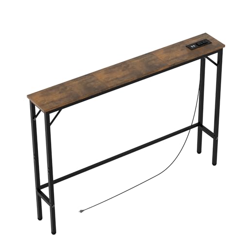 Aduanbang 5.9 Console Table with Outlet Narrow Sofa Table Behind Couch Table for Living Room & Hallway 5.9 x 39.4 x 30 Metal Frame Rustic Brown
