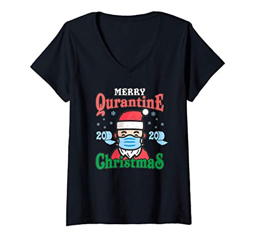 Mujer Merry Quarantine Christmas 2020 Santa In Mask Pajamas Family Camiseta Cuello V