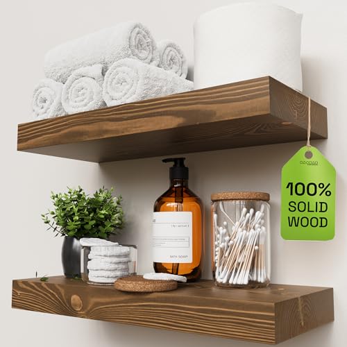 Image of BAOBAB WORKSHOP Wood Floating Shelves for Wall Mounted, 16 inch Walnut Floating Shelf for Bathroom, Solid Wooden Wall Shelves for Kitchen Bedroom Farmhouse, Walnut Finish, 16 x 6.7, Set of 2