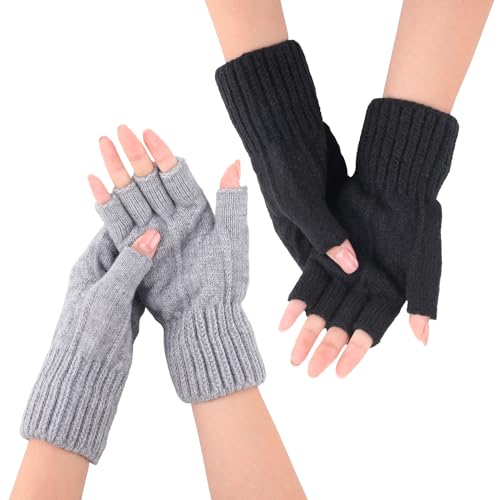 Utensilsto 2 Paar Fingerlose Handschuhe Fingerless Gloves Handschuhe Ohne Finger, Winter Warme Strickhandschuhe für Damen zum Arbeiten, Autofahren, Radfahren (Schwarz Grau)