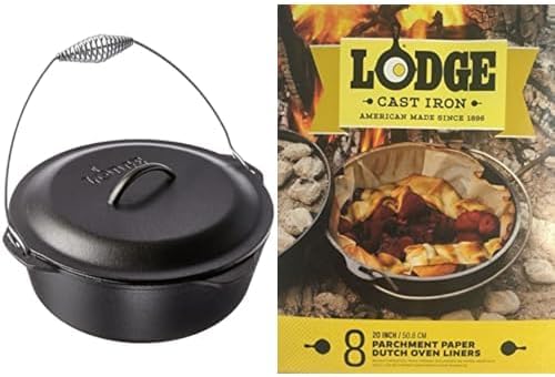 Lodge 9 Quart Pre-Seasoned Cast Iron Dutch Oven - Wire Bail Handle for Easy Transfer - Use in the Oven, on the Stove, on the Grill or over the Campfire + Parchment Paper Dutch Oven Liners 7 x 5 x 1