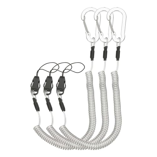 PATIKIL Coiled Lanyards with Buckle 59 Inch, 3 Pcs Retractable Safety Ring and Quick Release Detachable Buckle for Fishing Equipment Key Card Tool Tether Leash, Silver Tone