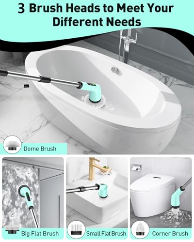 Image of Electric Spin Scrubber for Cleaning Bathroom, Shower Scrubber Cordless Cleaning Brush with IPX7 Waterproof & 2 Speed, 3 Brush Heads, Bathroom Cleaning Supplies for Toilet Shower Tub Mint Green