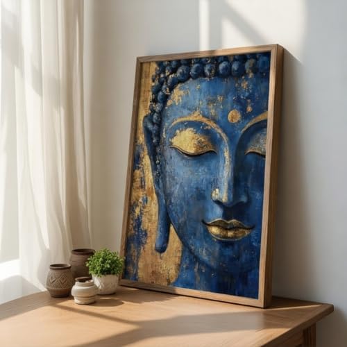 Image of Livin'luxe Blue Buddha Face Wall Art with Wooden Frame | Golden Textured Buddha Painting HD UV Laminated Print on MDF | Spiritual Meditation Home Decor for Living Room Bedroom Office 13.5 x 19.5 Inch