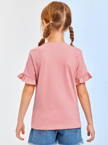 Haloumoing Girls Ruffle Short Sleeve T Shirts Crewneck Plain Casual Summer Tops Blouse Tees 5-14 Years2