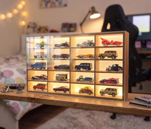 Image of BestofCRAFT Wooden Display for Cars LED 20-Compartment Die Cast Case - Polished Smooth Finish Display for 1:64 | Rack for Hot Wheels, Matchbox & Miniature Cars (with Acrylic Cover)