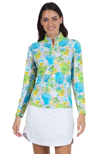 IBKUL Women’s Sun Protective UPF50+ Icefil Cooling Paddy Print Long Sleeve Mock Neck Top – 10757 Lime Multi Paddy XXL