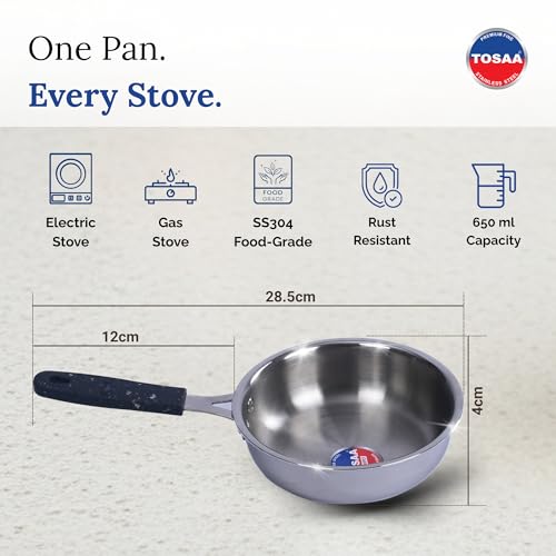 Image of TOSAA TRIPLY MINI Fry PAN- 3-Ply Stainless Steel | Small Non-Stick Frying Pan | Induction & Gas Compatible,Mini Triply Fry Pan for Everyday Cooking | Non-Reactive Steel,Use for TADKA | 430 ml