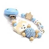 Individuelle Schnullerkette mit Namen f&uuml;r M&auml;dchen und Jungs | VIELLE MODELLE | Schnullerhalter mit Wunschnamen (Fuchs, Natur, Stern, Babyblau)