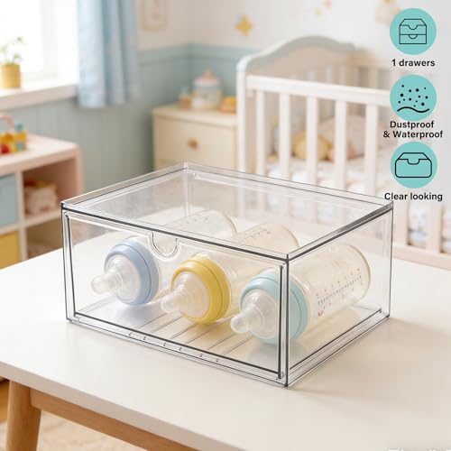 Image of Prsildan Acrylic Makeup Organizer Stackable Clear Storage Drawers for Baby Bottles Desk Organizers for Countertop Vanity Nursery Adjustable Modular System for Cosmetics Jewelry