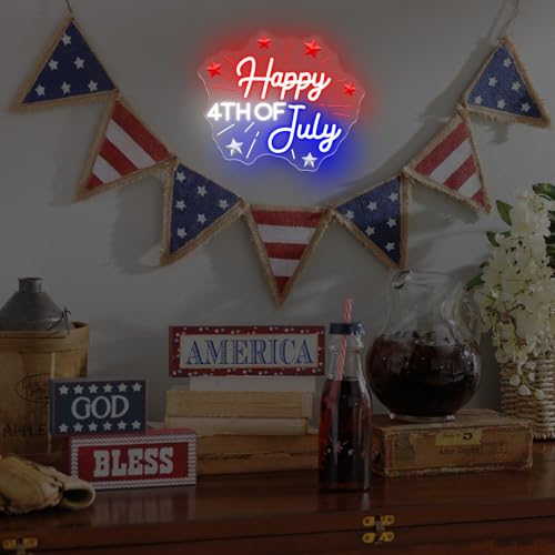 Image of Happy 4TH of July Decors Neon Sign Happy Independence Day Led Sign 4th of July Celebration Light Patriotic Welcome Memorial Day Decoration, 15.4 inchx13 inch
