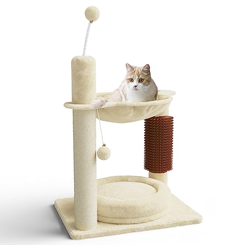 Cat Tree Cat Tower For Indoor Cats 26.7In, Small Cat Tree With Scratching Post And Cat Self Groomer, Cat Perch With Dangling Ball, Cat Tree Stand For Kittens, Cat Climbing Tower, Beige #TOP11