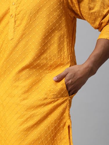 Image of Majestic Man Men's Cotton Blend Regular Fit Casual Polyester Mandarin Collar Ethnic Motifs Embroidered Long Regular Kurta
