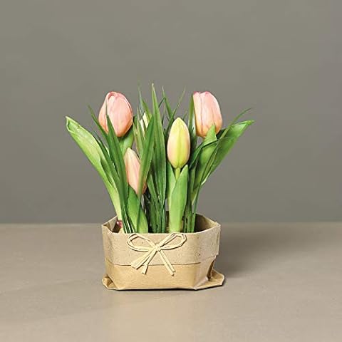 mucplants künstliches Tulpenarrangement mit Gras auf künstlichen Erdballen und Papiertüte ca. 20cm rosa Kunstblume Tulpe Kunstpflanze Cover
