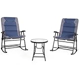 Giantex 3 PCS Folding Bistro Set Outdoor Patio Rocking Chairs Round Table Set 2 Rocking Chairs w/Glass Coffee Table for Yard, Patio, Deck, Backyard Padded Seat (Blue & Gray)
