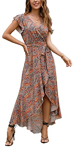 GRECERELLE Womens Summer Maxi Dress Boho Floral Cocktail Polka Dot Wrap Dresses V Neck Casual Party Bohemian Flowy Long Dress for Ladies (Cashew Navyblue, XL)