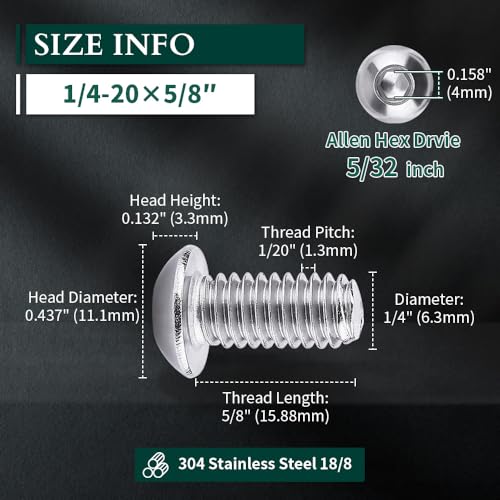 Image of 1 /4-20 x 5 /8 inch Button Head Socket Cap Bolts Screws, 304 Stainless Steel 18-8, Allen Hex Drive, Bright Finish, Fully Machine Thread, Pack of 100