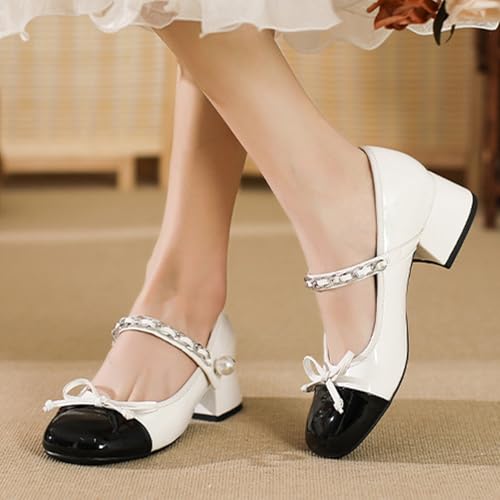 Women's Classic Patent Leather Chunky Heel Mary Janes Pumps Comfort Round Toe Fashion Ankle Strap Low Heel Bow Dress Pumps for Office Party Walking 5