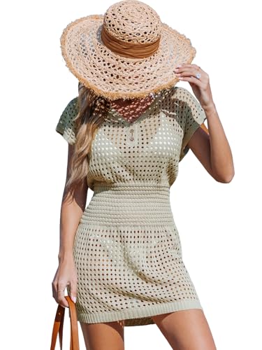 Image of CUPSHE Women Crochet Swim Cover Up Short Sleeve V Neck Bathing Suit Beach Dress Summer Swimwear Coverups