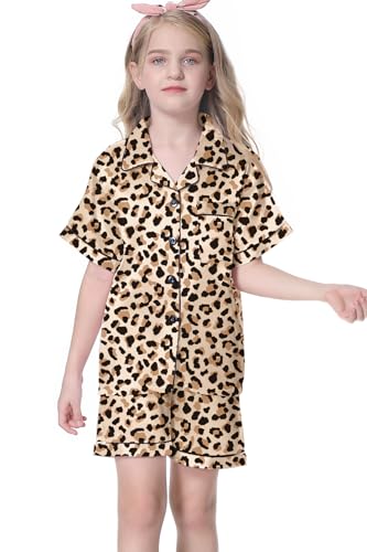 Image of Umeyda Women & Girls Pajamas Set, Soft Satin Lightweight Silk Button-Down Top with Shorts 2 Piece PJS for Mom Boys Kids Gifts