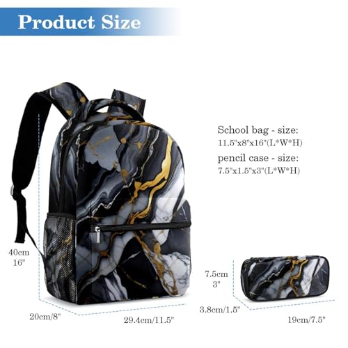 Ensemble sac à dos marbre noir et trousse pour école - 2