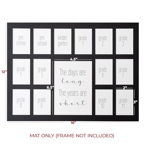 Image of Rustic Red Door Co. 12x16 School Days Picture Mat with Multiple Openings - School Years Photo Collage - No Frame - 2 Pre-School & Kindergarten to 12th Grade (15 Photos, 2PreK - 12th, Black)