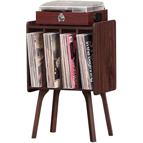 LELELINKY Small Record Player Stand - Width 11.7 in, Walnut Vinyl Record Storage Table with 4 Cabinet Up to 80 Albums, Vinyl Holder with Wood Legs,Turntable Stand Display Shelf for Bedroom Living Room Cover