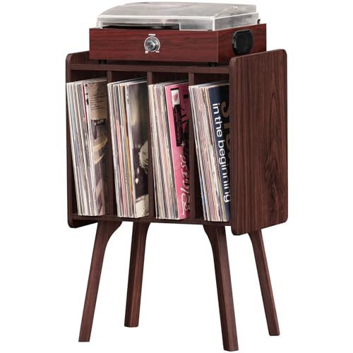 LELELINKY Small Record Player Stand - Width 11.7 in, Walnut Vinyl Record Storage Table with 4 Cabinet Up to 80 Albums, Vinyl Holder with Wood Legs,Turntable Stand Display Shelf for Bedroom Living Room