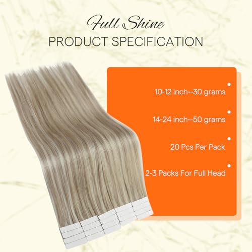 Full Shine Tape in Hair Extensions Human Hair 18 Ash Blonde Highlight 613 Blonde Double Sided Tape Extensions 12 Inch Invisible Straight Hair Extensions Tape Ins 30G 20Pcs Extensions for Women - Image 4
