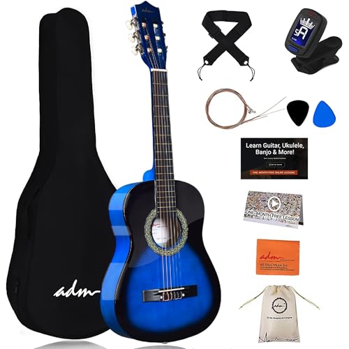 ADM 3/4-Größe Kinder-Konzertgitarre-Set Junior-Gitarren-Set für Anfänger ab 9 Jahren mit Tasche Clip-Stimmgerät Gurt Plektren zusätzlichen Saiten Aufbewahrungstasche und Reinigungstuch