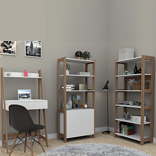 Conjunto de Escritório com Escrivaninha + Armário Multiuso + Estante 5 Prateleiras Branco e Castanho Appunto