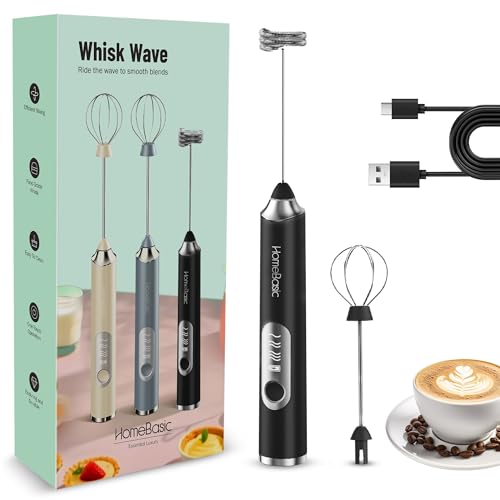 HOMEBASIC 3-Speed Electric Milk Coffee Frother with Whisk & Mixer| 8000 RPM, Rechargeable Wireless Handheld Foam Maker for Lattes & Drinks| Ideal for Blender/Beater/Stirr/Whipper/Cream Spinner (Black)